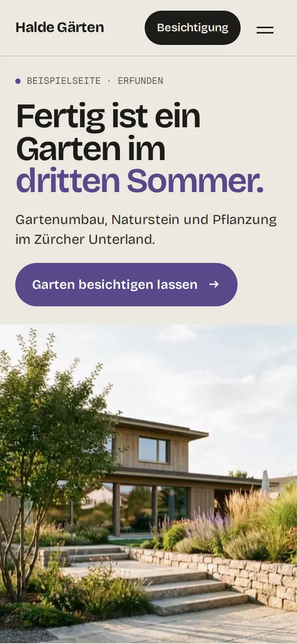 Startseite der Beispielseite Halde Gärten auf dem Handy